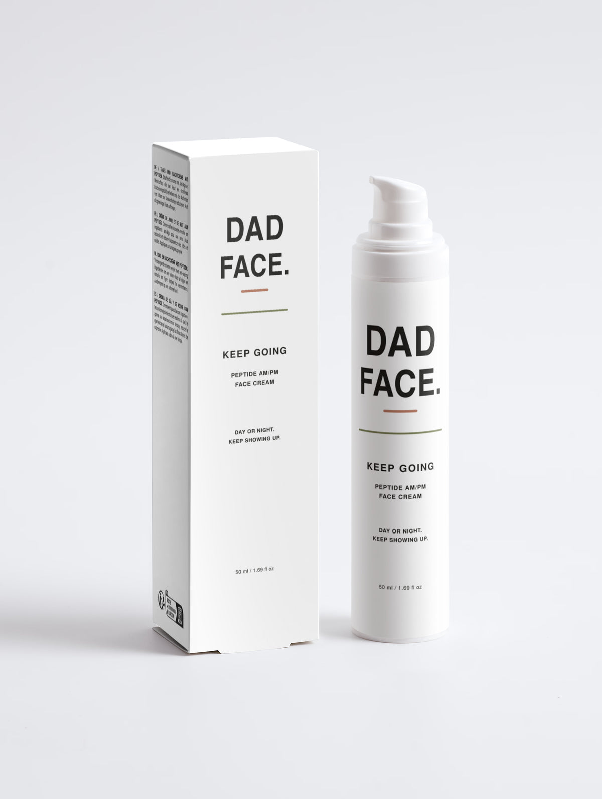 A white skincare pump bottle and its matching white rectangular box, both printed with the brand name 'DAD FACE.' and the product name 'KEEP GOING REFRESHED FACE CREAM,' photographed on a clean light gray studio background.