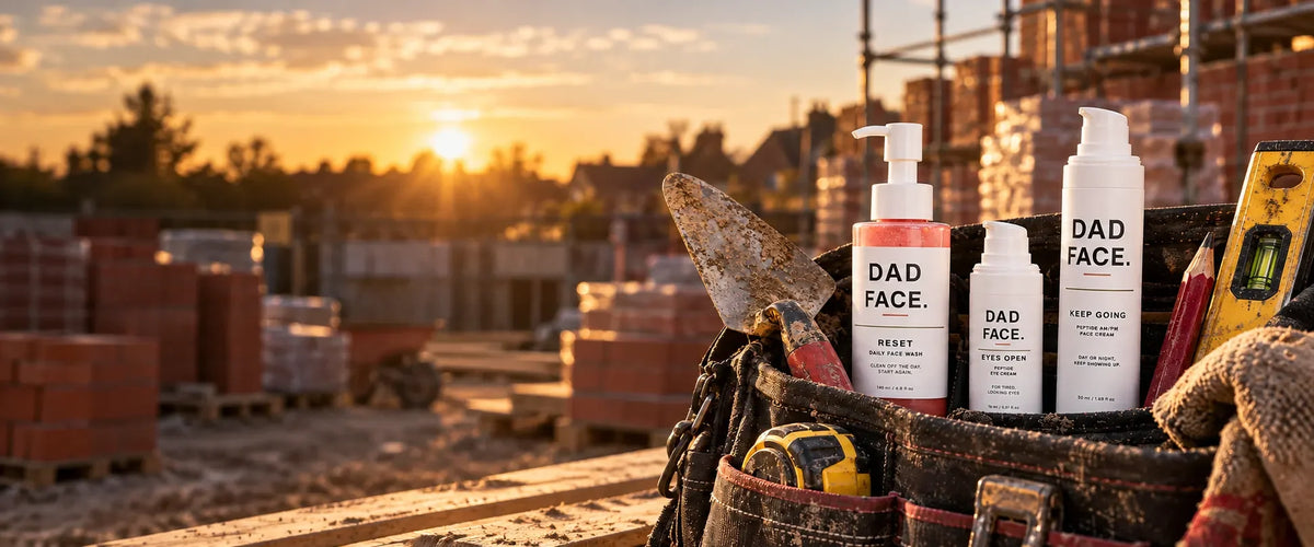 Dad Face routine in a work bag at golden hour
