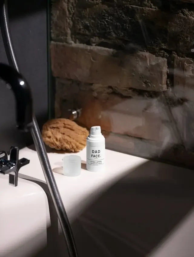 EYES OPEN in a bathroom